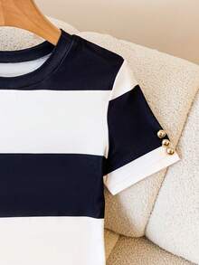 GlowEve Women's Elegant Contrast Color Striped Slim Fit Mid-Length Dress, Summer - Multicolor - View 3