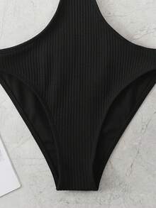 Summer Beach Textured Ring Linked Cut-Out One Piece Swimsuit - Black - View 6