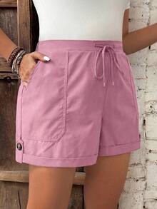 Calvaya Plus Size Women Drawstring Waist Pockets Casual Versatile Daily Wear Shorts - Pink - View 1