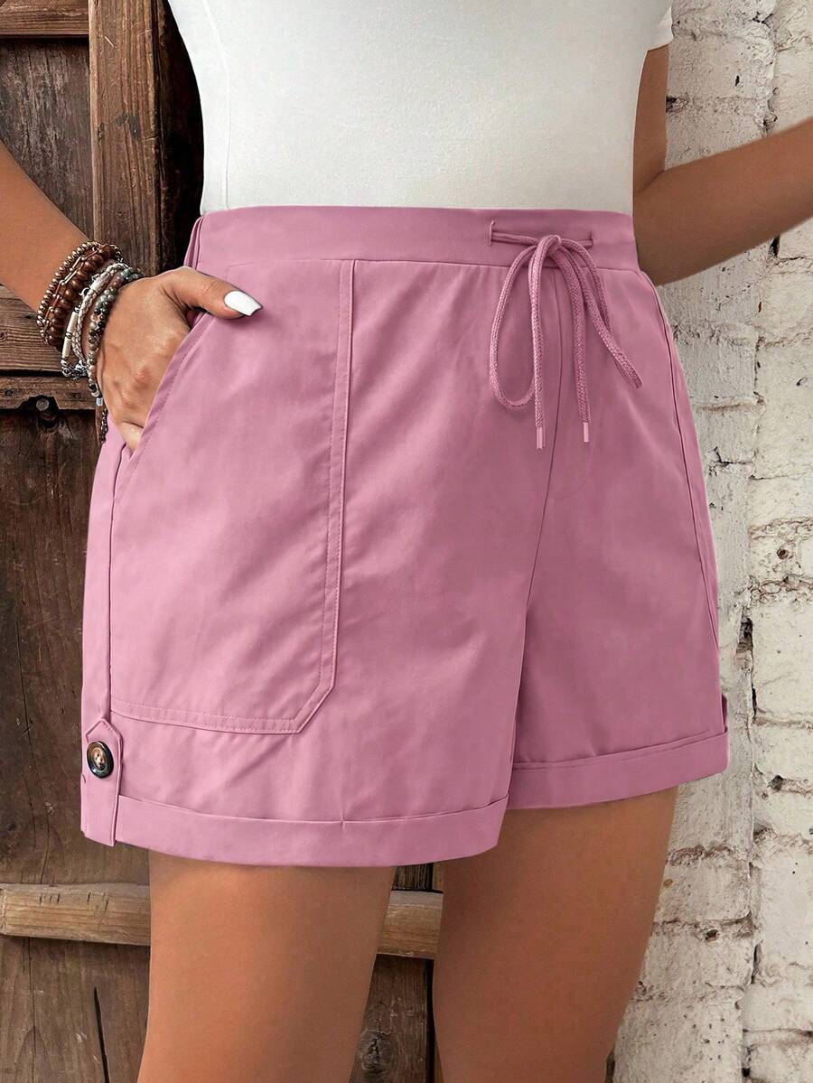 Calvaya Plus Size Women Drawstring Waist Pockets Casual Versatile Daily Wear Shorts - Pink - View 1