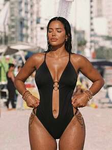 Swim SXY Bộ bikini một mảnh hở lưng, buộc dây ở gót, màu trơn, đính đá lấp lánh, gợi cảm dành cho nữ, thích hợp cho các bữa tiệc hoặc kỳ nghỉ. - màu đen - Xem 3