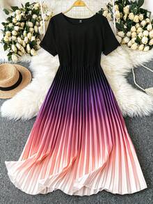 SHEIN CURVE+ 大码女式数码渐变印花连衣裙，浪漫时尚百搭通勤连衣裙，适合春夏穿着 - 彩色 - 查看 1