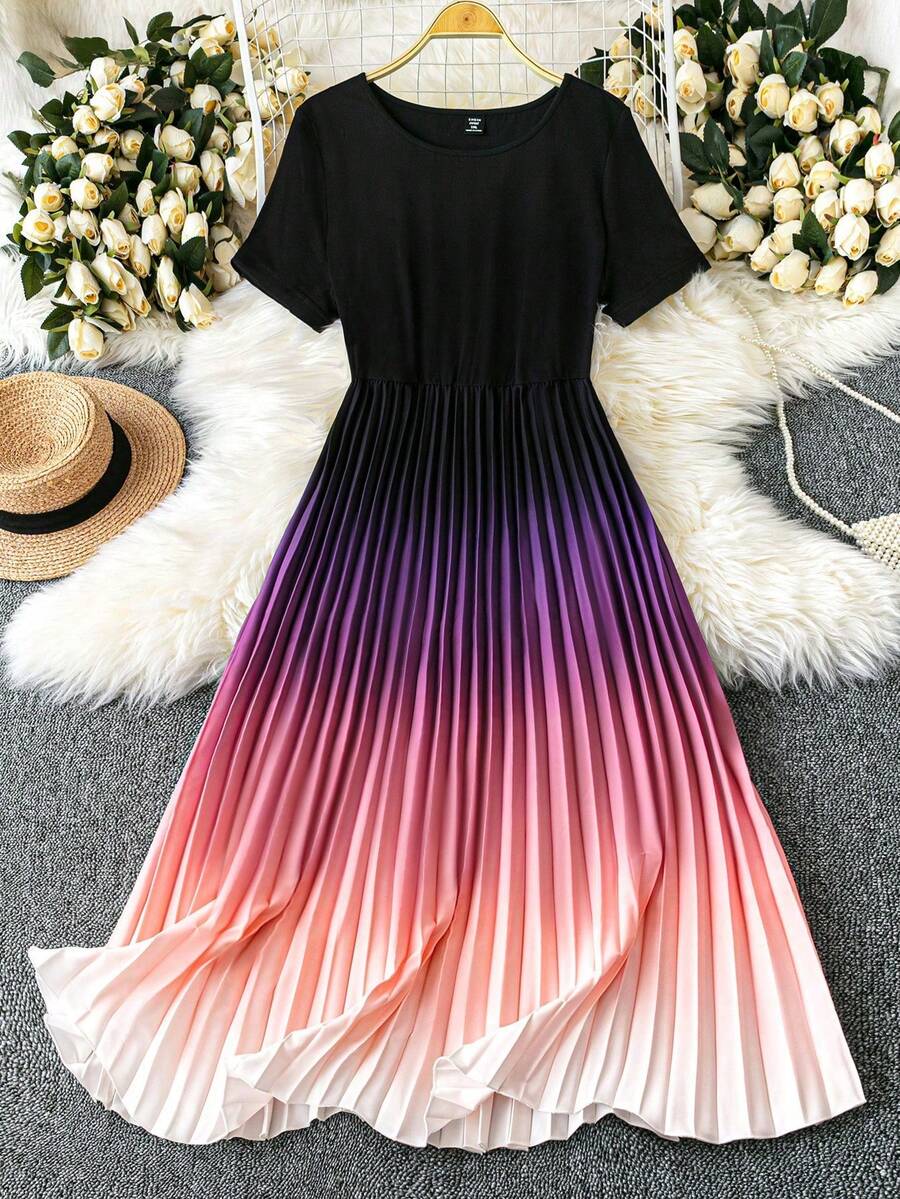 SHEIN CURVE+ 大码女式数码渐变印花连衣裙,浪漫时尚百搭通勤连衣裙,适合春夏穿着 - 彩色 - 查看 1