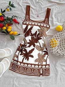 Soleia Đầm ngắn cổ chữ U hở lưng, phong cách tối giản, thanh lịch, cổ điển, màu nâu, họa tiết cây dừa và hoa, thích hợp cho lễ hội âm nhạc, bãi biển, kỳ nghỉ hè. - Nhiều màu - Xem 3