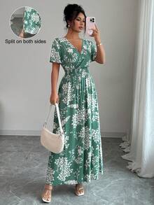 SHEIN PETITE Đầm ngắn tay nữ mùa xuân/hè bằng cotton in họa tiết nút tre, eo nhún, gấu chun, chất liệu cotton, kiểu dáng thanh lịch cổ điển Pháp, thích hợp cho công sở, đi làm, đi nghỉ mát, đi biển, dạo phố hoặc dự tiệc trà chiều. Mẫu đầm mới mùa xuân/hè. - màu xanh lá - Xem 1