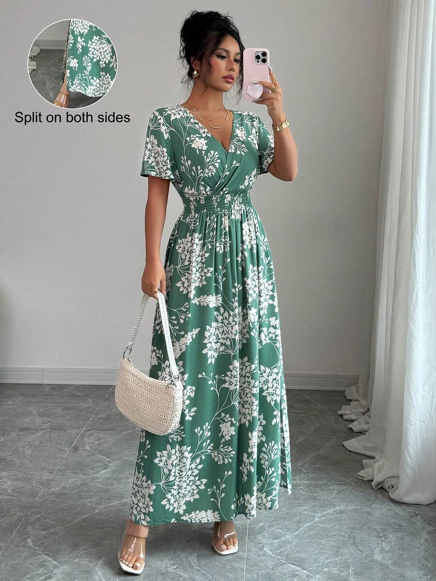 SHEIN PETITE Đầm ngắn tay nữ mùa xuân/hè bằng cotton in họa tiết nút tre, eo nhún, gấu chun, chất liệu cotton, kiểu dáng thanh lịch cổ điển Pháp, thích hợp cho công sở, đi làm, đi nghỉ mát, đi biển, dạo phố hoặc dự tiệc trà chiều. Mẫu đầm mới mùa xuân/hè. - màu xanh lá - Xem 1