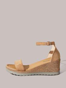 Styleloop Giày sandal nữ mùa xuân hè mới, gót dốc, kiểu La Mã, quai chéo, cao gót, hở mũi, có khóa cài, đế xuồng bằng rơm, thích hợp cho kỳ nghỉ, du lịch, mùa hè, không khí lễ hội. - Màu kaki nhạt - Xem 5
