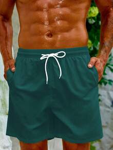 Manfinity KASUA Pantalones cortos de playa para hombre de unicolor simple con cintura con cordón y bolsillos inclinados, adecuados para vacaciones de verano y días festivos - Verde Oliva - Ver 8