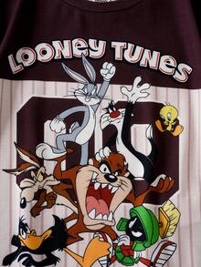 LOONEY TUNES X SHEIN Toddler Boy Colorblock Striped Cartoon Letter Print Short Sleeve T-Shirt - Apricot - View 5