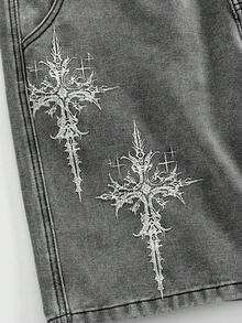 ROMWE MEN Men's Embroidered Denim Shorts, Suitable For Spring And Summer Everyday Wear - Grey - View 4