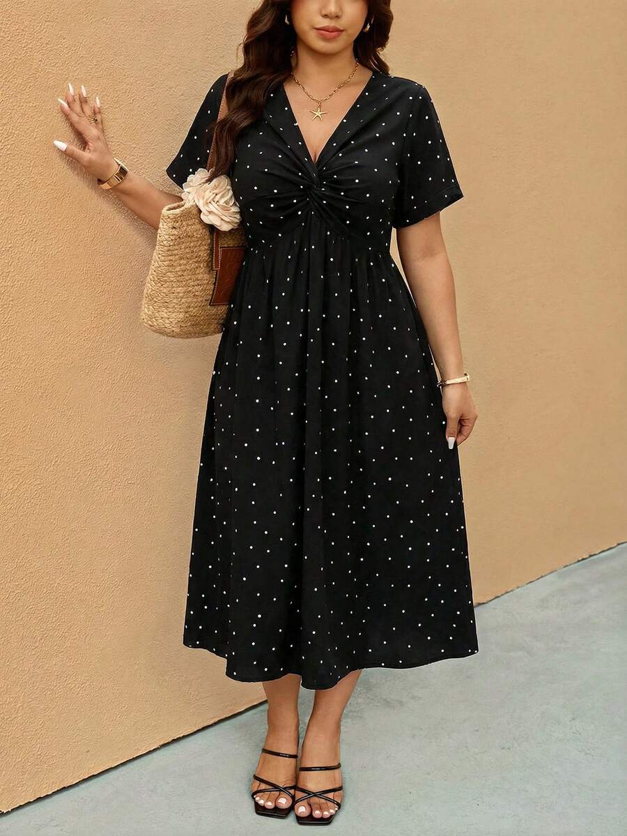 Elaquor 复古波点休闲简约大码连衣裙，适合夏季穿着 - 彩色 - 查看 1