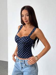 SHEIN PETITE 女士约会之夜女友聚会生日派对夜店假日派对优雅黑色波点上衣，女友聚会，约会，日常通勤束身衣，可爱束身衣，性感上衣俱乐部，束身衣上装 - 藏蓝色 - 查看 8