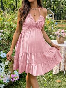 Lyckli Robe de maternité minimaliste de couleur unie à porter au quotidien avec col ras-du-cou et lien au cou - Rose pâle - Voir 5