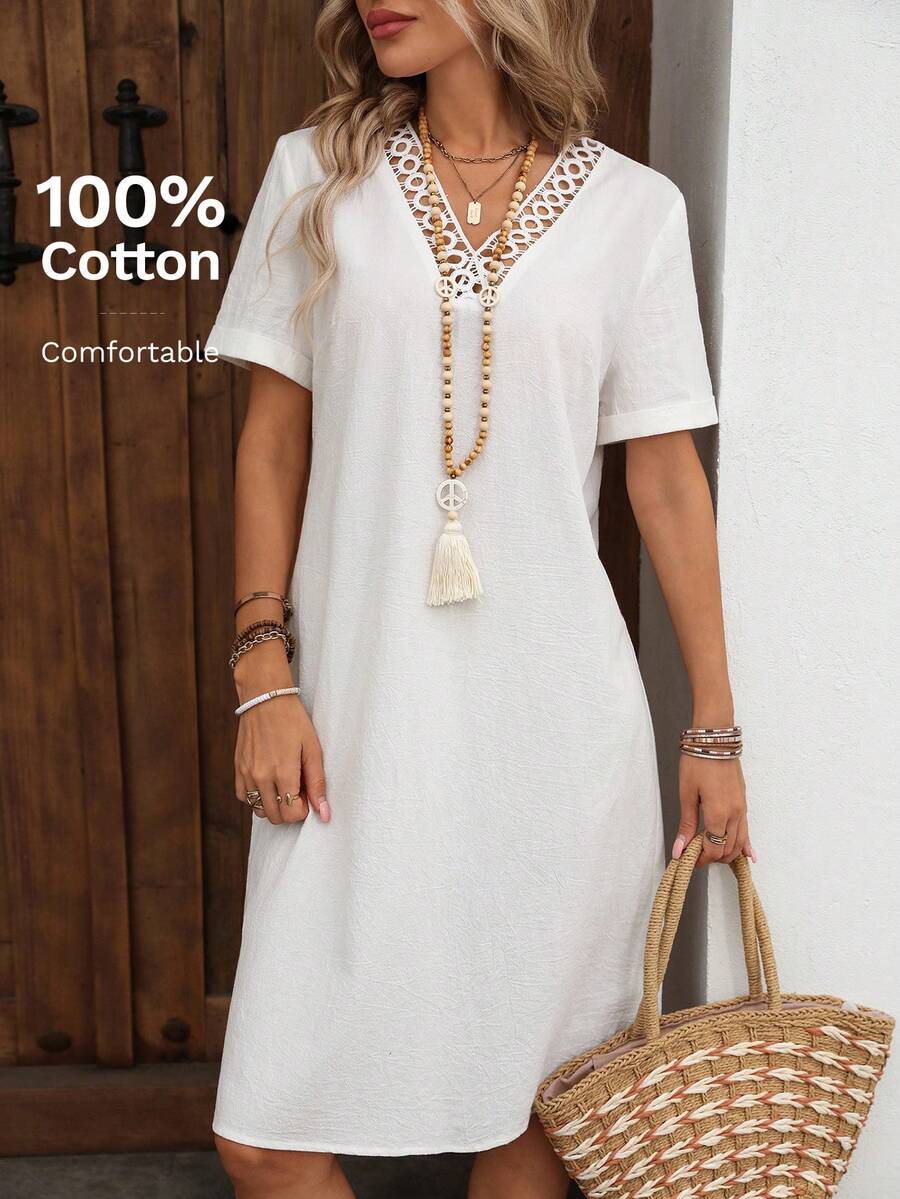 EMERY ROSE Women's Summer Holiday Patchwork Lace Short Sleeve Mini Dress Women Dress White Dress Cotton Dress Elegant Casual Boho Casual Dress Clothes Dresses For Women Beach Vacation Outfits For Women Dresses For Women Outfits Dresses Country Dress Dresses For Women,Summer Dresses For Women - White - View 1