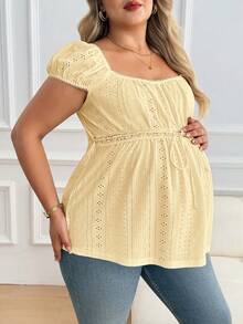 Plussiva 孕妇加大码方领系带镂空短袖上衣 - 黃色 - 查看 3