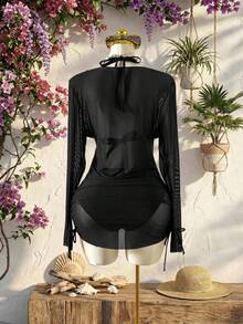 Swim  Conjunto de traje de baño sexy de 3 piezas para mujer de talla grande con acento floral y unicolor - Negro - Ver 2