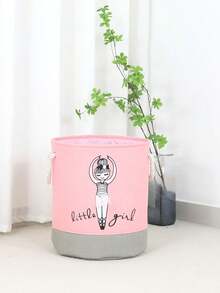 A Pink Folding Fabric Laundry Bucket With A Dancing Girl Design. - Pink - View 5