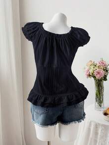 Sweetra Kemeja Musim Panas Lengan Pendek Kasual Lucu dengan Lengan Mengembang, Pinggang Diikat, dan Kancing Depan - Navy Blue - View 2