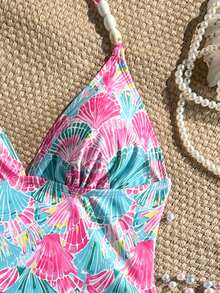 Swim Vcay Áo tắm một mảnh nữ thanh lịch, tối giản, thoải mái, thích hợp cho kỳ nghỉ biển, lãng mạn, dễ phối đồ, tươi mới, họa tiết vỏ sò, buộc dây vai. - Nhiều màu - Xem 4