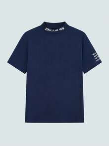 Modcrash Men's Casual Fashionable Versatile Minimalist Printed Half-Turtleneck Short Sleeve T-Shirt, Summer - Navy Blue - View 1
