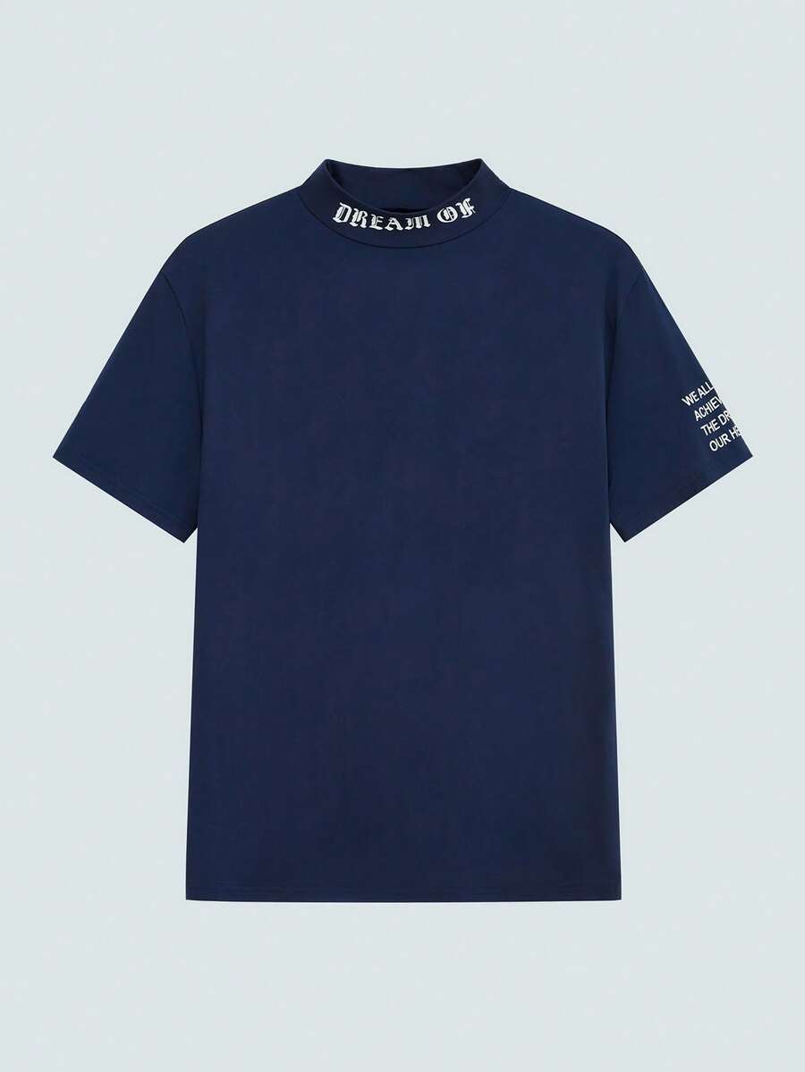 Modcrash Men's Casual Fashionable Versatile Minimalist Printed Half-Turtleneck Short Sleeve T-Shirt, Summer - Navy Blue - View 1