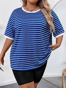 SHEIN CURVE+ 大码女式圆领条纹休闲百搭日常短袖T恤 - 寶藍色 - 查看 1