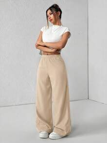 SHEIN PETITE Pantalones acampanados de cintura alta con costillas y rayas en las axilas para mujer - Caqui - Ver 7