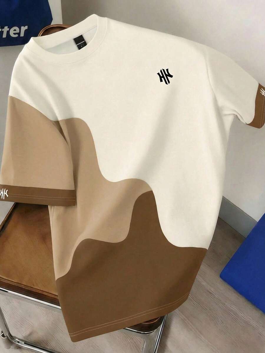 Manfinity Joysei 男士休闲字母印花撞色宽松落肩T恤，适合夏季度假和日常通勤 - 彩色 - 查看 1