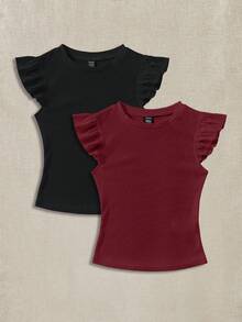 Soleia 2pcs Ribbed Fabric Round Neck Cap Sleeve Fitted T-Shirt Set,Summer Top - Multicolor - View 10