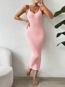 SHEIN Clasi Casual Solid Color Fitted Knit Camisole Dress - Pink - View 3