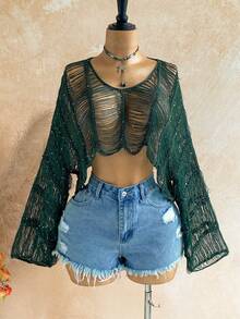 Soleia 新款前卫性感V领长袖宽松针织衫，波西米亚风，度假风，复古风，假日风，音乐节，海滩，海边，邮轮 - 軍綠色 - 查看 4