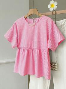 SHEIN EZwear Áo sơ mi nữ tay ngắn cổ tròn kẻ sọc đỏ trắng, kiểu dáng thường ngày, thích hợp cho mùa hè. - Đỏ và trắng - Xem 3