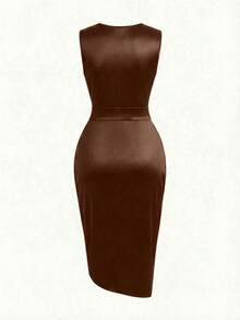 Franclia Vestido de mujer de alta gama y lujo, de moda de nicho francés retro, sin mangas, con pliegues, brillante, con abertura asimétrica y cintura ceñida - Marrón - Ver 2