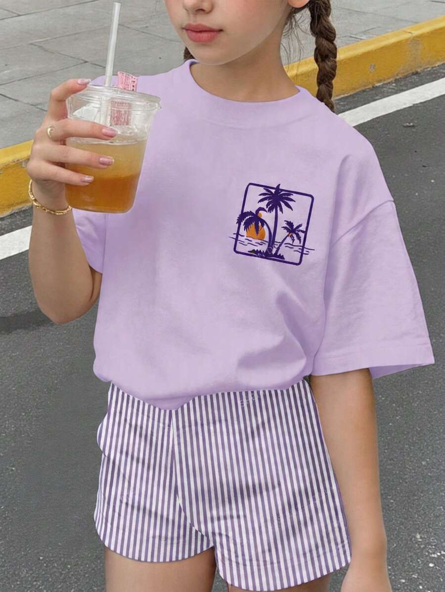 2件組 青少年女孩棕櫚樹印花圓領T恤與紫色條紋短褲套裝,夏季休閒度假藍白條紋,青少年女孩海灘度假風 - 彩色 - 查看 1