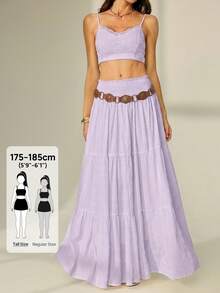 SHEIN Tall Women's Solid Color Shirred Waist Ruffled Hem Skirt, Tall Beach Lavender Summer Boho - Mauve Purple - View 9