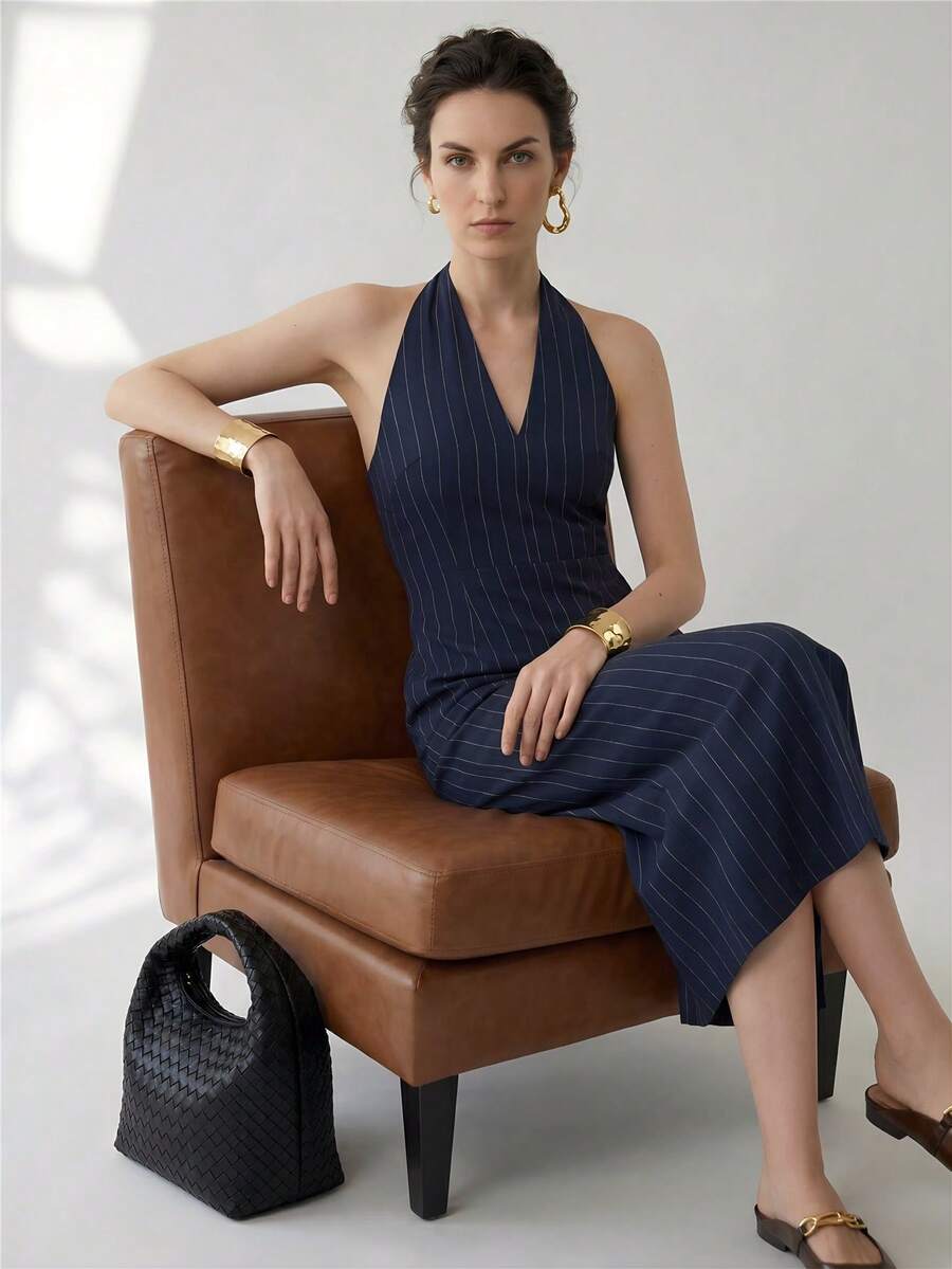 Uhlyne Vestido casual tipo vestido camisero de lino a rayas con cuello en V y espalda descubierta, de longitud regular, minimalista, adecuado para uso diario y oficina