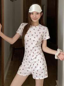夏季可爱猫咪爱心印花针织女式睡衣套装，居家穿着 - 白色 - 查看 7