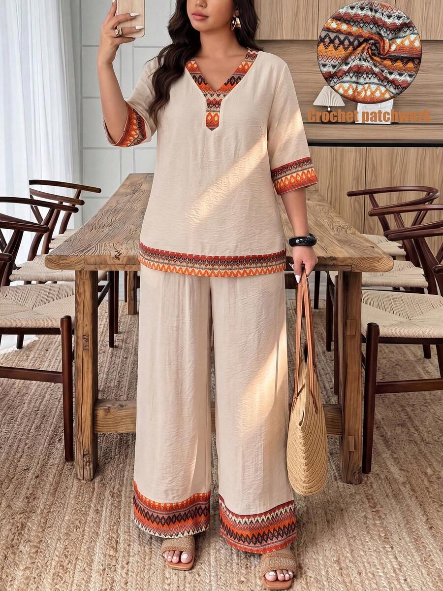 Lacomfia Elegant Casual V-Neck Pullover, Element Patchwork, Loose Fit, Versatile Plus Size Women 2-Piece Set, Spring/Summer - Multicolor - View 1