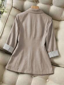 EMERY ROSE Plus Size Women Spring/Autumn Casual Daily/Work Commute Striped Cuff Lapel Collar Blazer Jacket Fall - Multicolor - View 2
