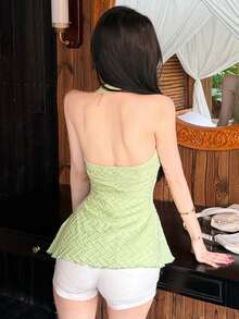 DAZY 女士圆领细肩带几何纹理面料收腰A字吊带衫 - 綠色 - 查看 4