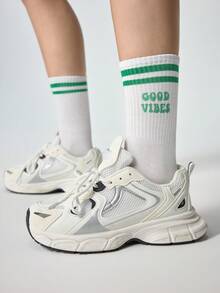 1pair Ladies' Mid-Calf Socks With Letter & Double Bars Design, Suitable For Casual Wear, Fall - Multicolor - View 8