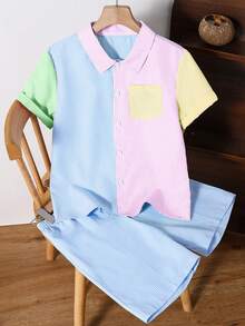 Vacaura 2pcs Boys'light Blue Striped Summer Casual Vacation Set,Macaroon Patchwork Textured Striped Collar Pocket Shirt Paired With Solid Shorts,For School - Blue - View 3