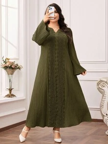 Al Najma Plus Size Women's Solid Color Long Sleeve Arabic Style Dress - Army Green - View 7