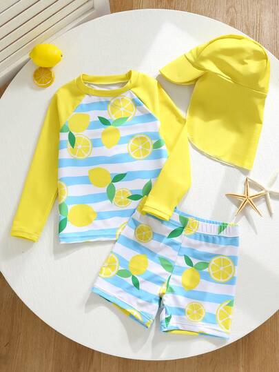 SHEIN 3pcs/Set Young Boy Casual Summer Vacation Tropical Lemon Stripe Print Long Sleeve Shorts & Sun Hat Swimwear Set, Suitable For Spring/Summer Homewear, Outdoor, Travel, Beach, Pool Party