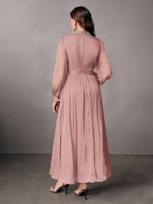 New Elegant Sparkling Ruched Dress With Long Sleeves, Suitable For Party, Date, Outing In Spring And Summer - Baby Pink - View 2