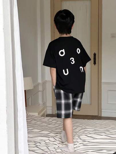 DAZY 男童格子短袖短裤睡衣套装，休闲夏季睡衣（加大码）