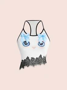 ROMWE Kawaii Y2K Japanese Aesthetic Cute Kitty Bow Shy Cat Graphic Women Tank Top - Multicolor - View 1