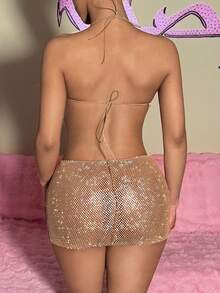 SHEIN DivaQ Conjunto de 2 piezas de malla para mujer, brillante y transparente, adecuado para festivales de música, carnavales y fiestas - Champán - Ver 2