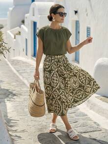 Faunlyn Conjunto informal de 2 piezas de blusa de cuello redondo y falda plisada de unicolor para mujer - Multicolor - Ver 5