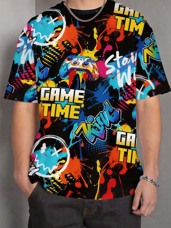 Tween Boy Casual Comfortable Minimalist Round Neck Short Sleeve T-Shirt, Classic Cool Game Controller & Face Graphic Print, Game Time